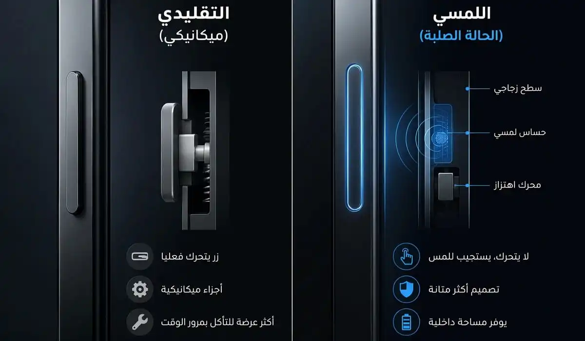 مقارنة توضح الفرق بين الأزرار الميكانيكية التقليدية والأزرار اللمسية Solid-State Buttons
