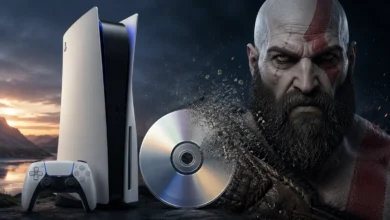 إلغاء أقراص PS5 يثير جدلًا واسعًا بين اللاعبين مع ظهور شخصية من God of War وجهاز PlayStation 5 في صورة تعبيرية