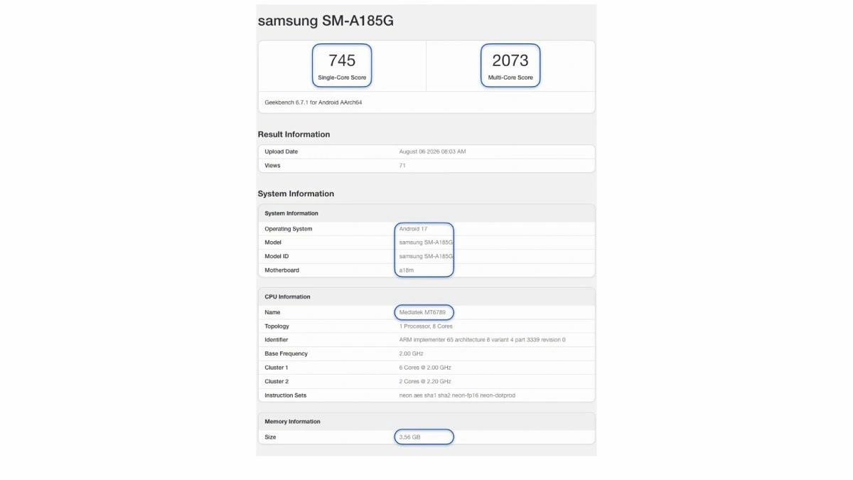 اختبار Geekbench لهاتف Samsung Galaxy A18 بذاكرة RAM سعة 4 جيجابايت