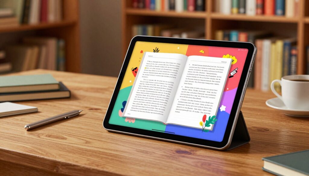 A modern Boox Note Air 6C tablet prominently positioned in the foreground, showcasing its sleek design with a vivid, high-resolution color display. The tablet screen displays an open document with colorful illustrations and notes, symbolizing vibrant reading and writing. In the middle ground, a stylish wooden desk with artistic stationery and a coffee cup adds a creative atmosphere. The background features a cozy library setting, filled with shelves of colorful books and warm ambient lighting that enhances the inviting mood. The scene is captured from a slightly elevated angle to emphasize the tablet and its features, showcasing the balance between technology and a cozy reading environment. The overall ambiance is inspiring and conducive to creativity, signaling a new era of digital writing and reading.