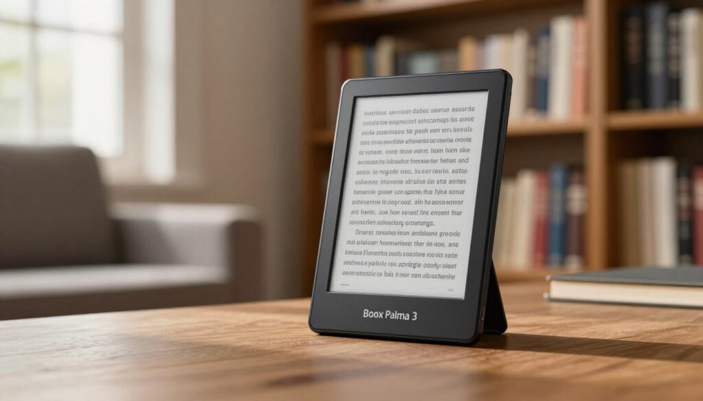 A sleek, compact e-reader titled "Boox Palma 3" prominently displayed in the foreground, showcasing its modern design with clean lines and a high-resolution E Ink screen. The device is set against a blurred background of a cozy reading nook, with soft, natural lighting cascading in from a nearby window, creating a warm and inviting atmosphere. In the middle ground, an elegantly styled bookshelf filled with books in various colors adds depth and context. The focus is sharp on the e-reader, capturing its lightweight build and minimalist aesthetics. The overall mood conveys anticipation and innovation, ideal for highlighting the next generation of small-sized e-readers.