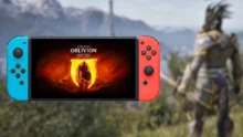 Oblivion Remastered على Nintendo Switch 2 مع مشهد من اللعبة يُظهر أجواء عالم Cyrodiil