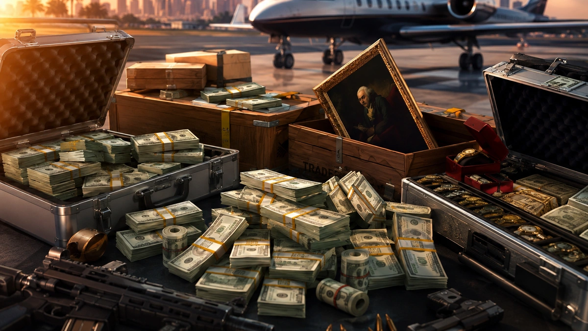 مشهد مستوحى من GTA Online يظهر أموالًا ومقتنيات ثمينة داخل حقائب على مدرج مطار، في إشارة إلى مكافأة مليون دولار للاعبين.
