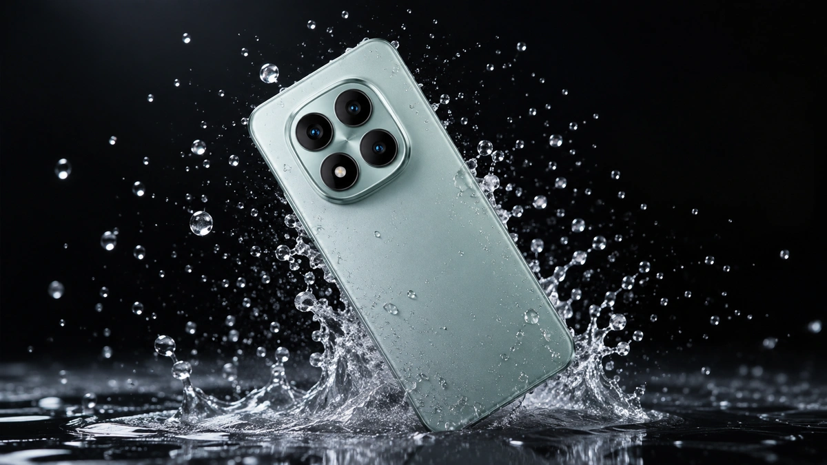 هاتف Redmi Note 17 Pro Max باللون الأخضر مع تأثير قطرات الماء