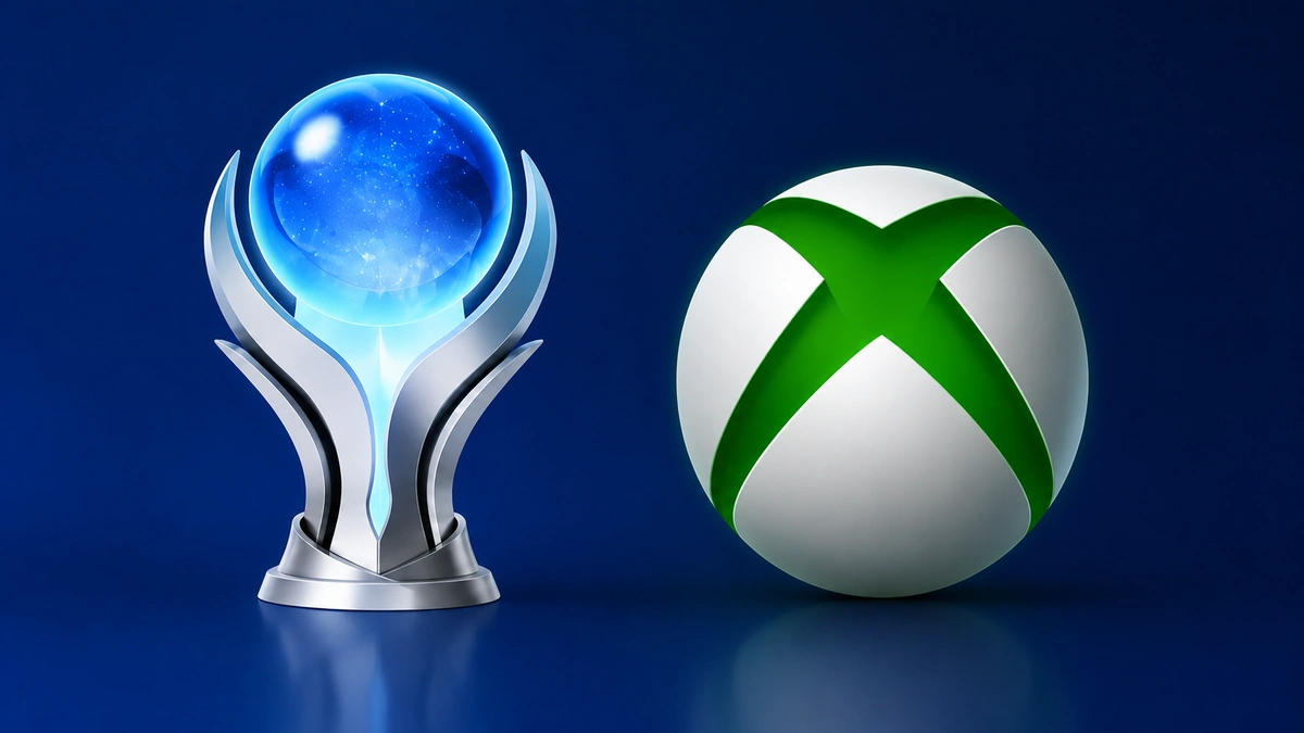 Xbox قد تحصل أخيرًا على مكافأة تشبه كأس PlayStation البلاتيني في 2026 1 شعار Xbox بجانب كأس إنجازات بتصميم مستقبلي باللونين الأخضر والبلاتيني