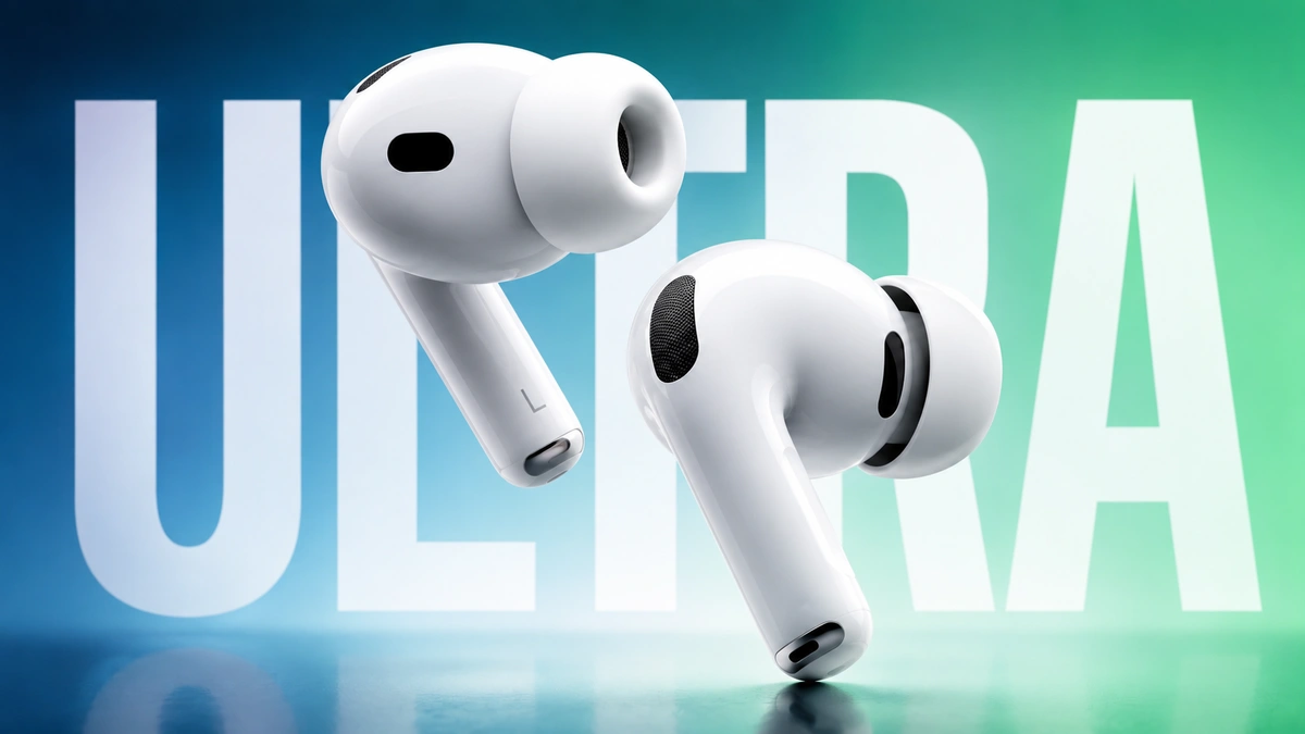 آبل تستعد لإطلاق 3 منتجات Ultra جديدة.. آيفون Ultra و AirPods و ماك بوك 2 سماعات AirPods Ultra بتصميم أبيض حديث وخلفية زرقاء وخضراء