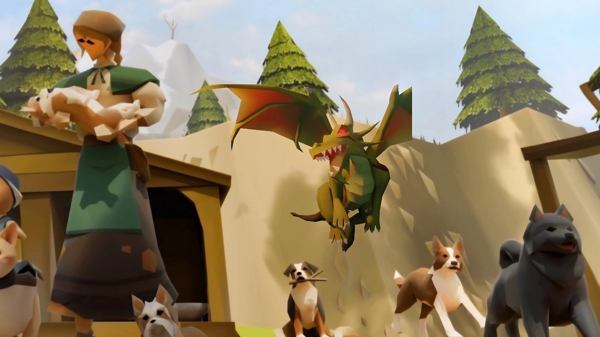 Old School RuneScape مع شخصية اللعبة وتنين ضخم في عالم خيالي