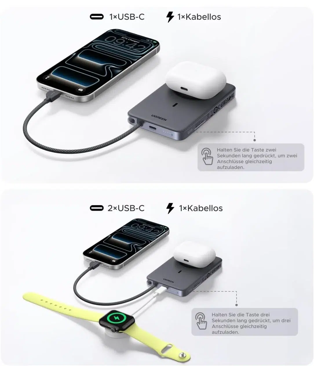 شاحن Ugreen MagFlow Air Ultra Slim بسعة 10000mAh مع كابل USB-C مدمج