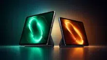 جهازا Xiaomi Pad 9 Pro بشاشتي عرض خضراء وبرتقالية داخل حوامل مغناطيسية