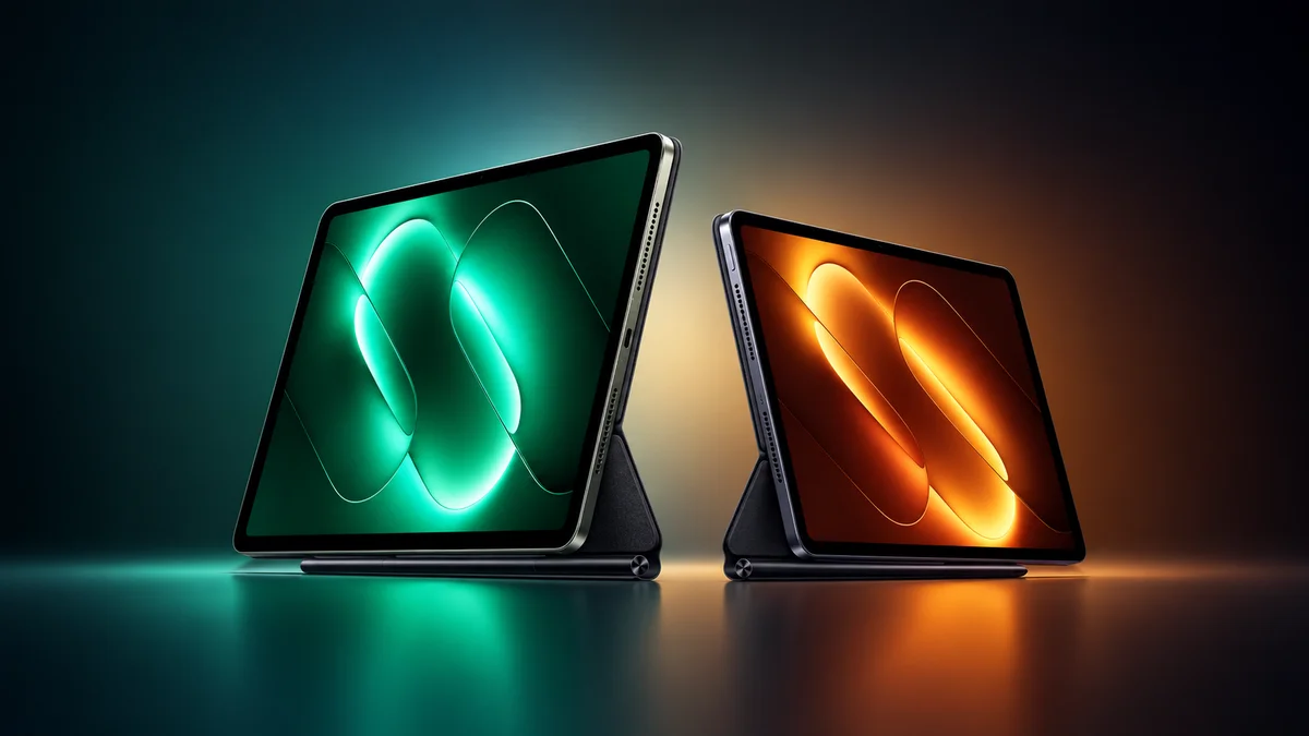 جهازا Xiaomi Pad 9 Pro بشاشتي عرض خضراء وبرتقالية داخل حوامل مغناطيسية