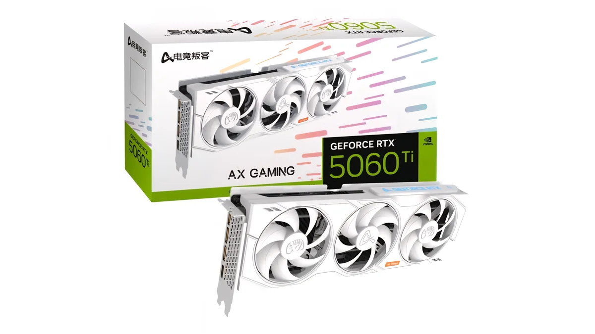 بطاقة RTX 5060 Ti X3W PRO باللون الأبيض بسمك 43 مم مع إضاءة RGB ولوحة خلفية معدنية