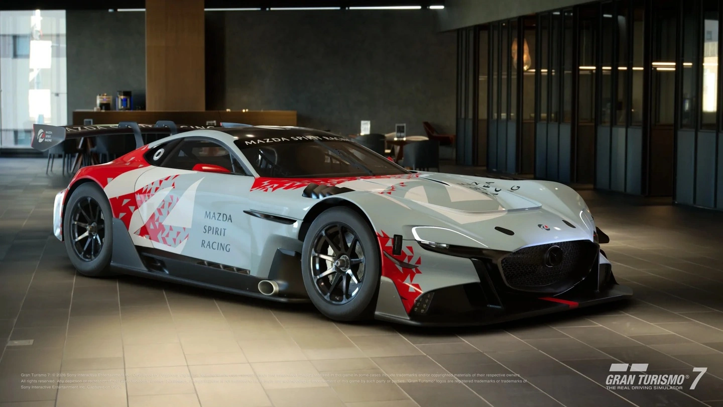 وحدة تحكم PS5 DualSense بتصميم سباقات السيارات مع Mazda RX-Vision GT3 Evo موديل 2026 في Gran Turismo 7.