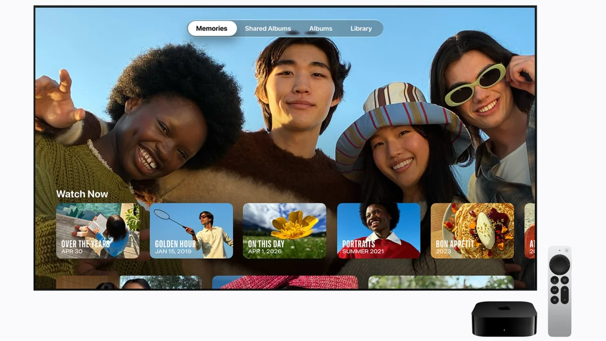 جهاز Apple TV 4K الجديد بمعالج A19 مع جهاز التحكم Siri Remote على خلفية زرقاء داكنة.