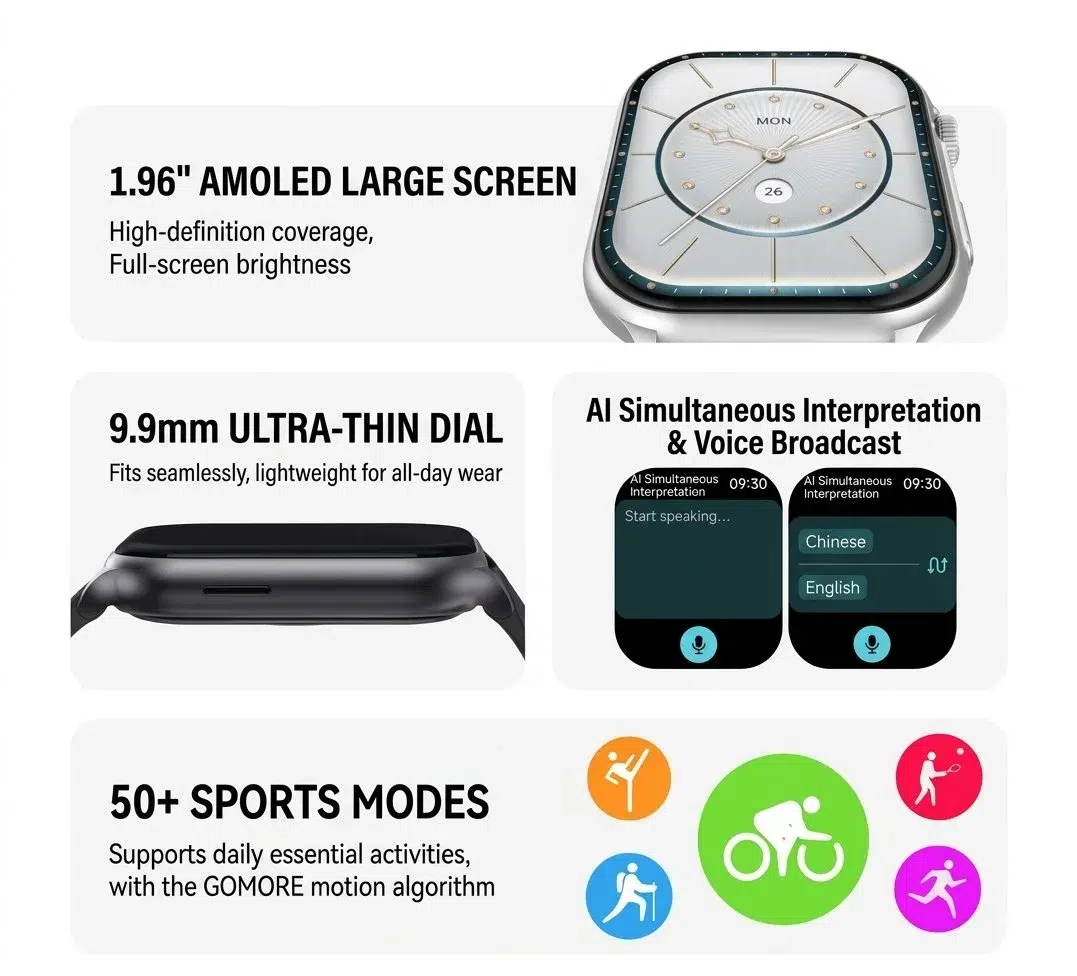 Lenovo Watch Fit 3 بشاشة AMOLED مقاس 1.96 بوصة وسمك 9.9 مم
