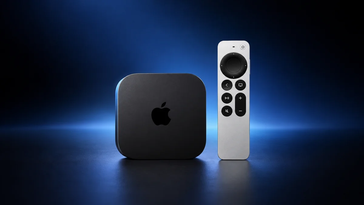 جهاز Apple TV 4K مع جهاز التحكم Siri Remote بتصميم أسود وفضي