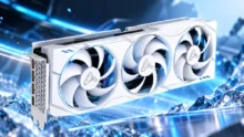 بطاقة AX GAMING GeForce RTX 5060 Ti X3W PRO بذاكرة 16 جيجابايت وثلاث مراوح باللون الأبيض