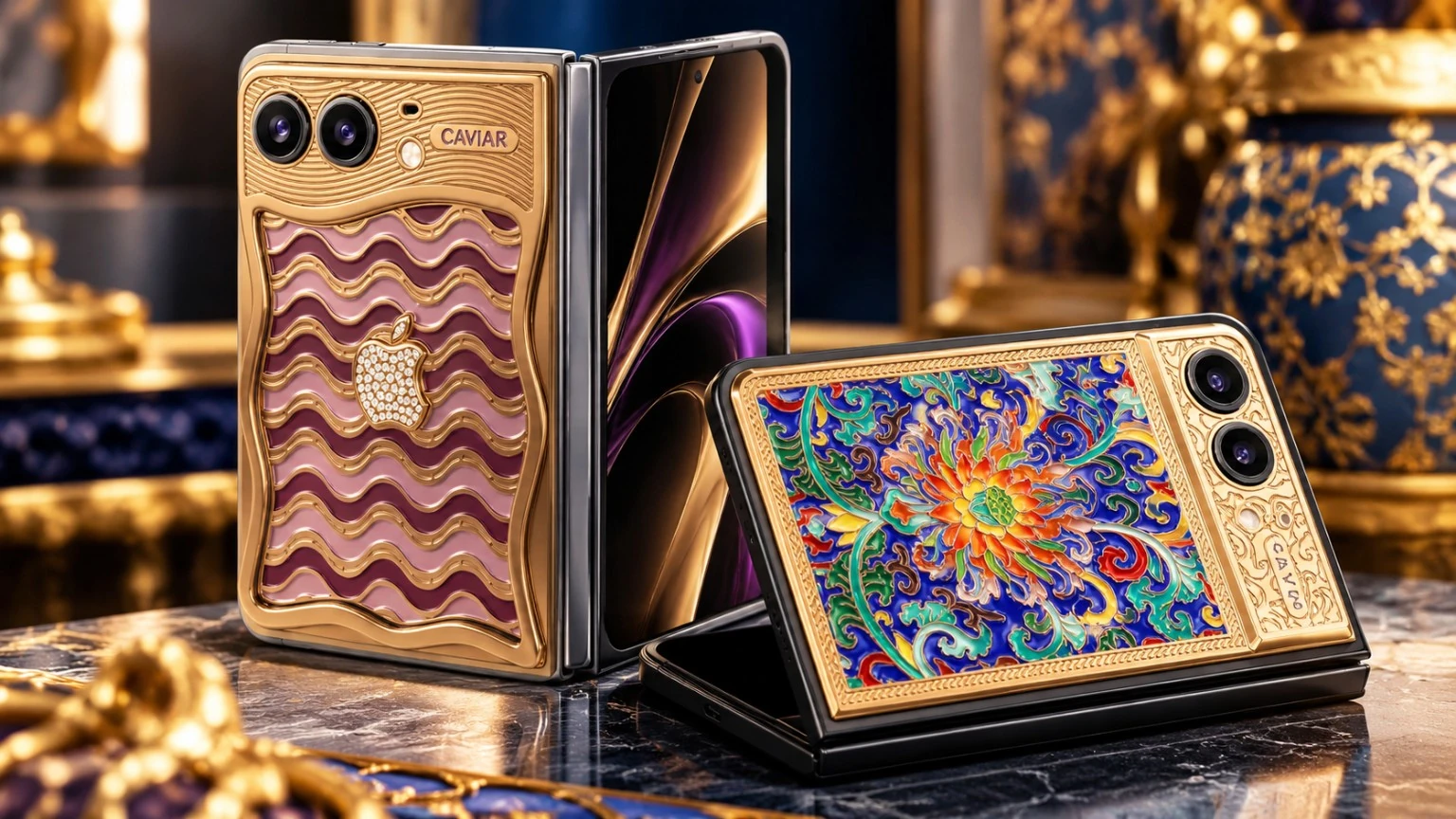 Caviar iPhone Duo الفاخر بتصميم ذهبي وزخارف مرصعة بالماس.