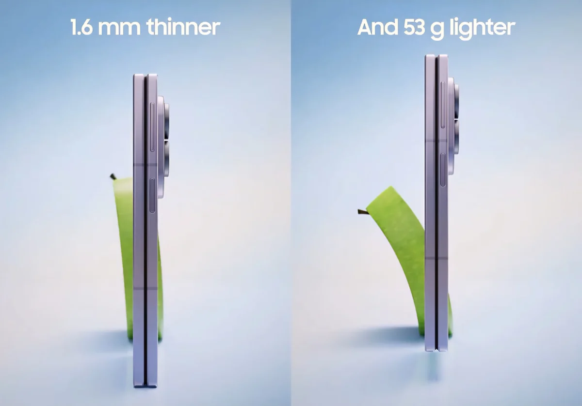 مقارنة سامسونج بين سُمك ووزن Galaxy Z Fold8 وiPhone Duo مع توضيح تفوق هاتف سامسونج بفارق 1.6 ملم و53 جرامًا.