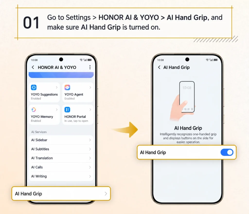 شرح تفعيل ميزة الذكاء الاصطناعي في هواتف HONOR عبر إعدادات HONOR AI & YOYO لتسهيل استخدام الهاتف بيد واحدة.