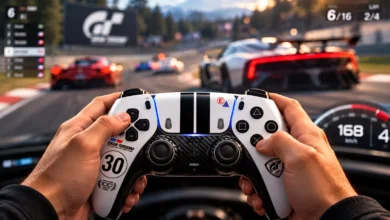 يد تحكم PS5 DualSense إصدار Gran Turismo 30th Anniversary أثناء لعب Gran Turismo 7