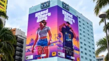 حملة GTA 6 الترويجية على واجهة فندق YVE Miami في ميامي، مع ظهور شخصيتي جيسون ولوسيا وموعد إطلاق اللعبة في 19 نوفمبر 2026.
