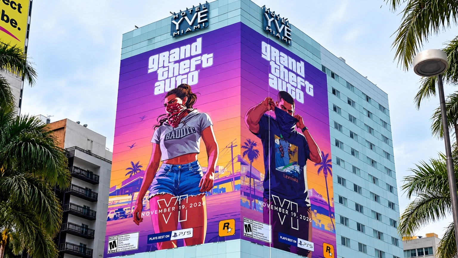 حملة GTA 6 الترويجية على واجهة فندق YVE Miami في ميامي، مع ظهور شخصيتي جيسون ولوسيا وموعد إطلاق اللعبة في 19 نوفمبر 2026.