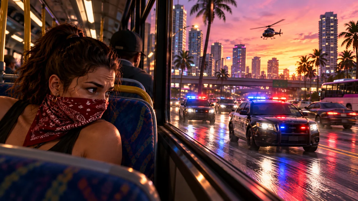 الهروب من الشرطة في GTA 6 بالاختباء داخل الحافلات وسط مطاردة في شوارع Vice City.