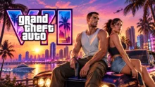 صورة ترويجية للعبة GTA 6 تُظهر لوسيا وجيسون أمام سيارة رياضية في أجواء فايس سيتي مع التركيز على جودة الرسومات والإضاءة