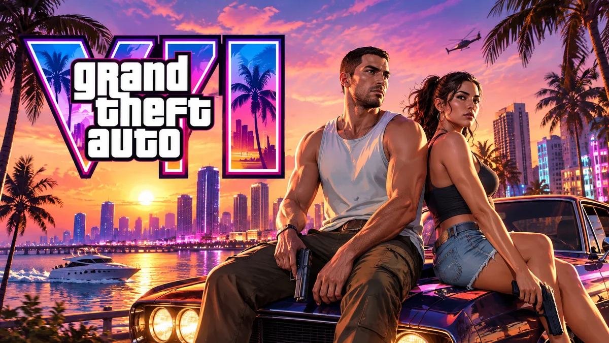 صورة ترويجية للعبة GTA 6 تُظهر لوسيا وجيسون أمام سيارة رياضية في أجواء فايس سيتي مع التركيز على جودة الرسومات والإضاءة