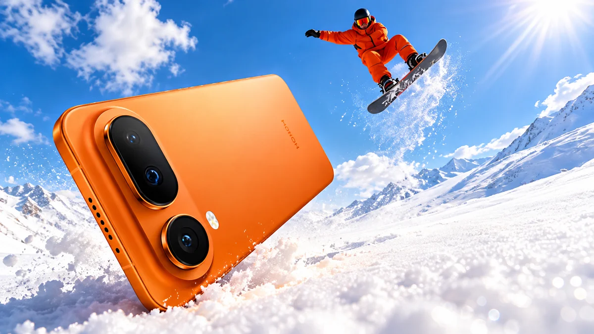 هاتف HONOR Magic8 Pro Air باللون البرتقالي وسط الثلوج مع متزلج على الجليد.