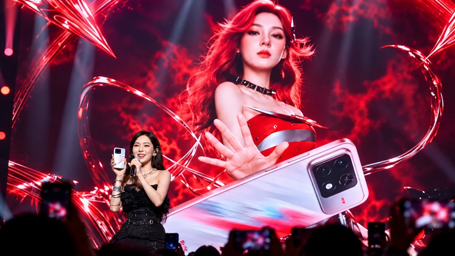 ظهور الممثلة الصينية Zhang Yuxi في حفل إطلاق هاتف Honor WIN 2 مع استعراض الهاتف على المسرح