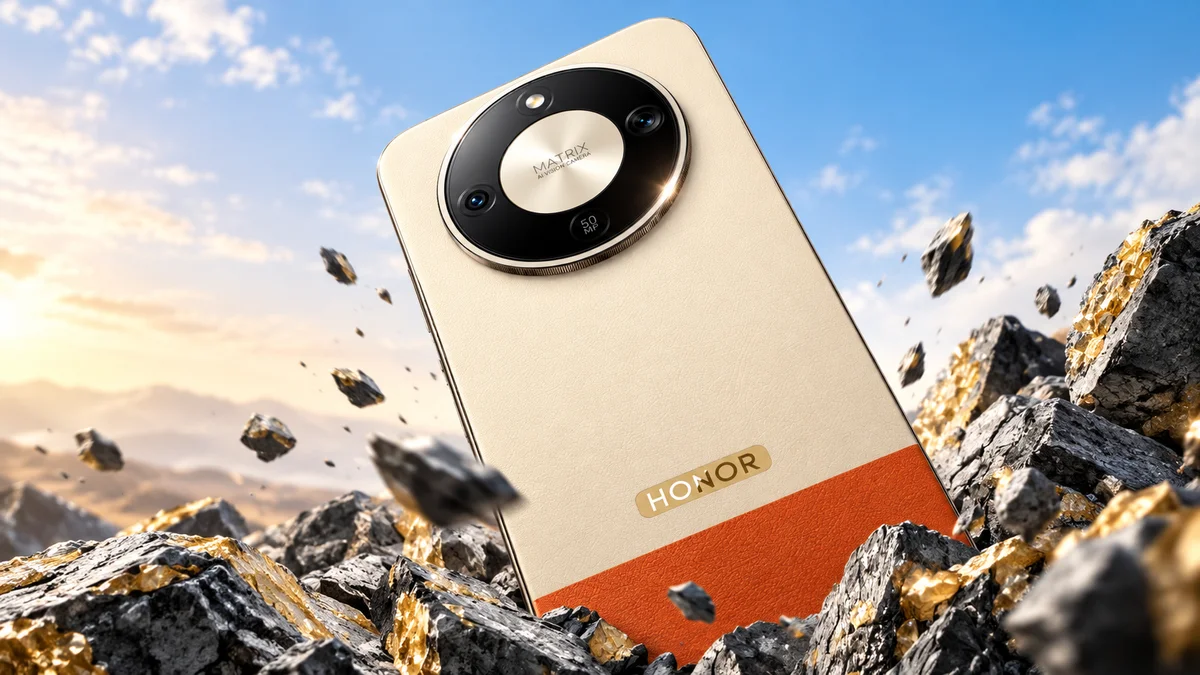 هاتف HONOR X9e S باللون الكريمي والبرتقالي مع وحدة كاميرا دائرية خلفية وتصميم مقاوم للصدمات.
