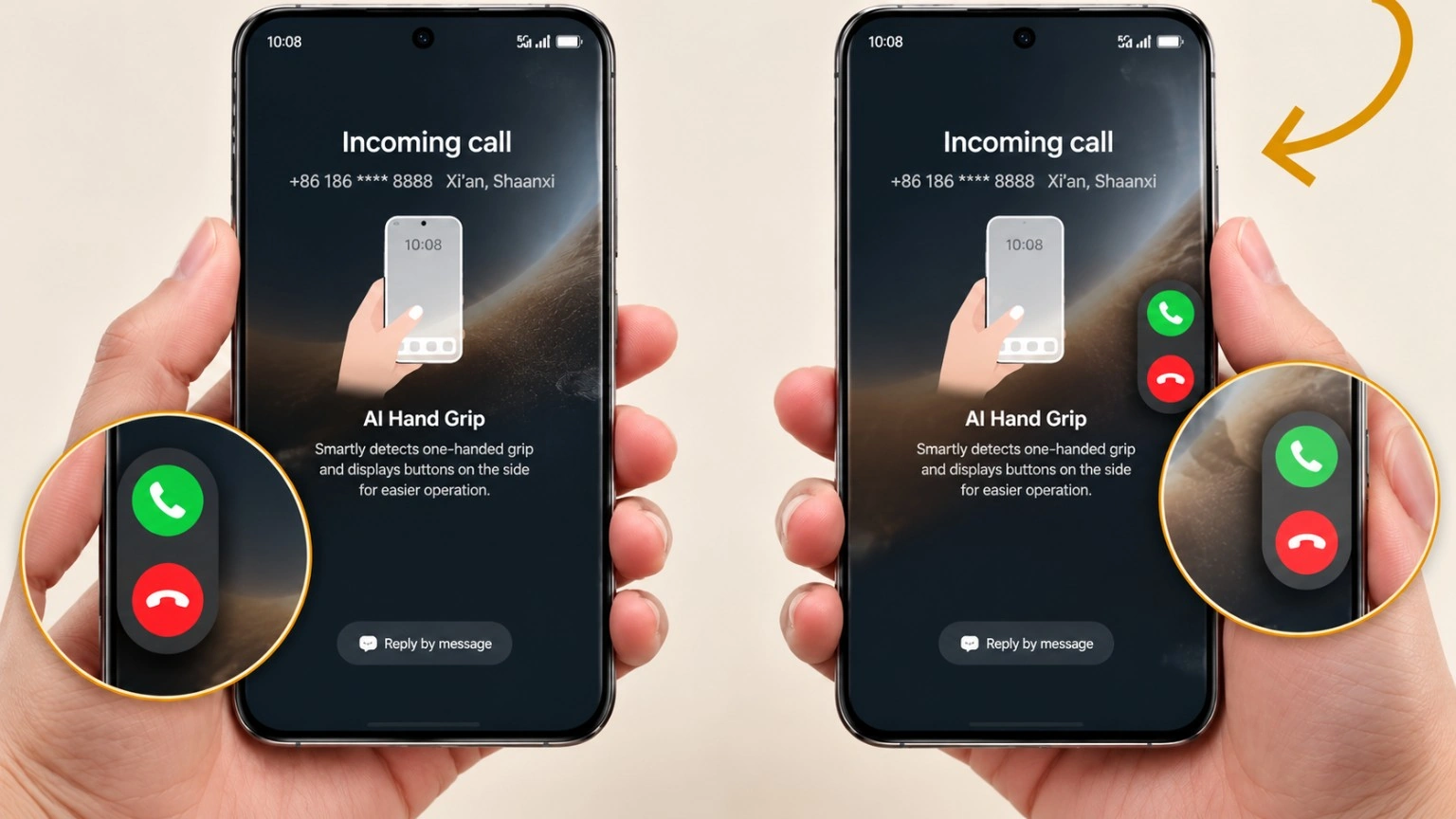 ميزة AI Hand Grip في هواتف Honor Magic6 لتحريك أزرار الرد وإنهاء المكالمات إلى جانب اليد المستخدمة لتسهيل التحكم بالهاتف بيد واحدة