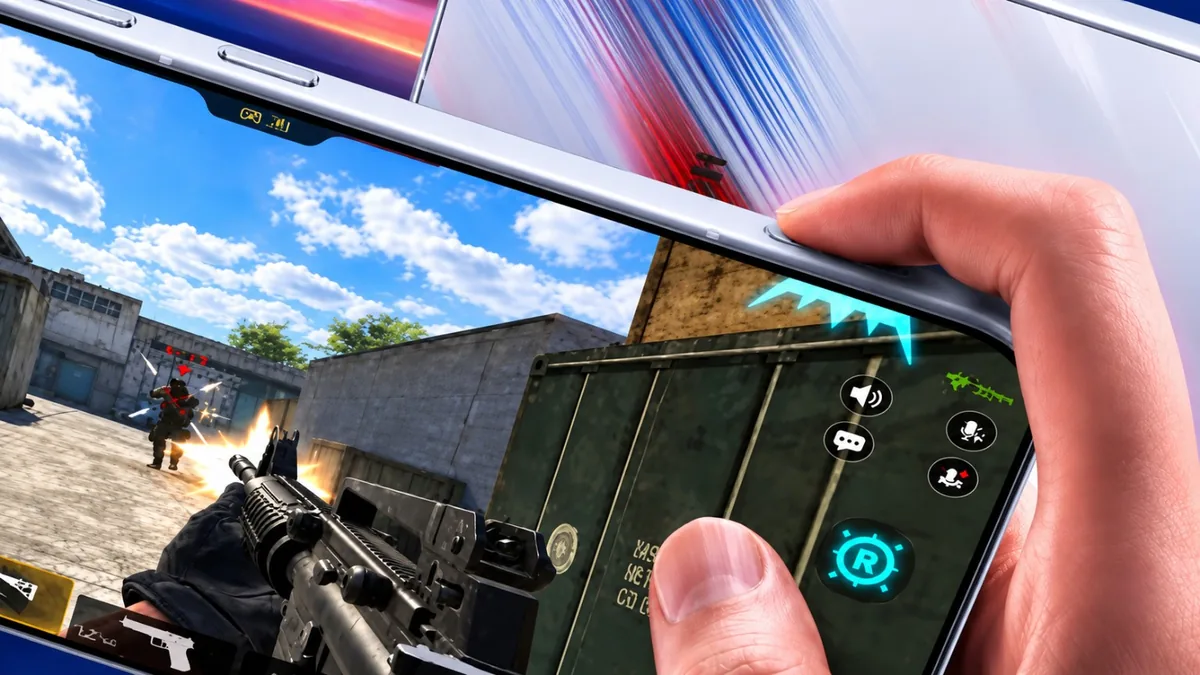 هاتف HONOR WIN 2 أثناء تشغيل لعبة تصويب مع أزرار تحكم مخصصة للألعاب.