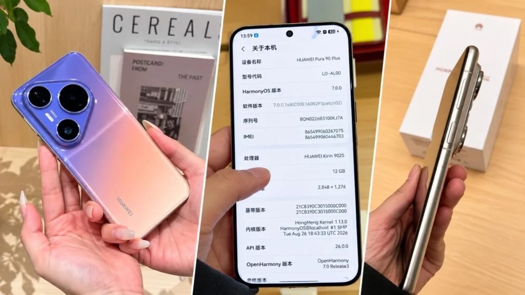 `صور حية لهاتف Huawei Pura 90 Plus باللون البنفسجي المتدرج، مع عرض شاشة معلومات الجهاز ومعالج Kirin 9025 وتصميم الهاتف الجانبي`