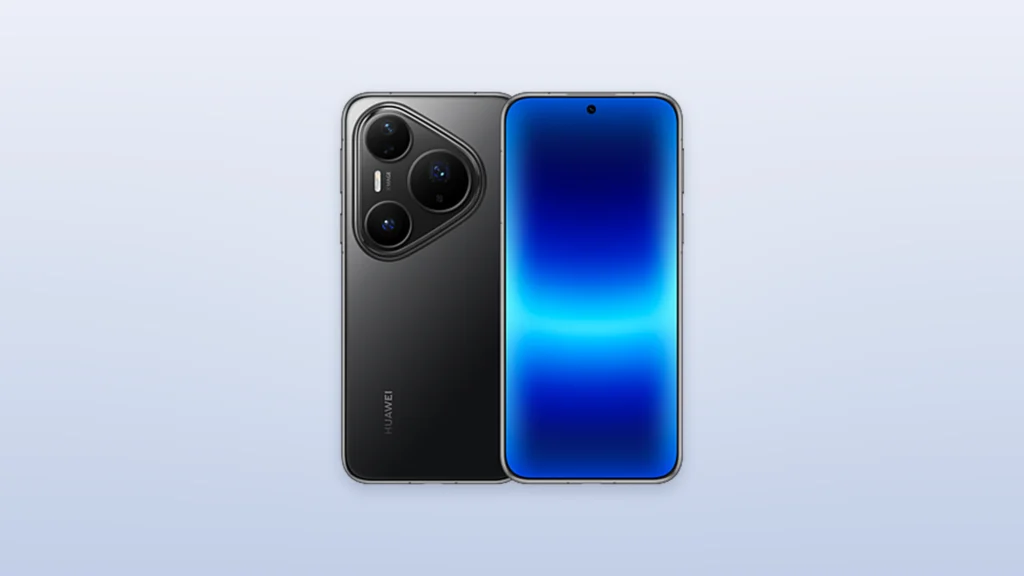 هاتف Huawei Pura 90 Plus باللون الأسود من الأمام والخلف مع كاميرا خلفية ثلاثية وشاشة بتدرجات زرقاء.