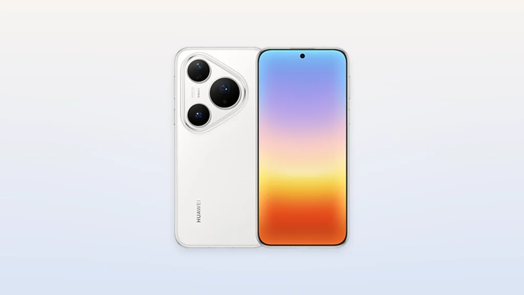 هاتف Huawei Pura 90 Plus باللون الأبيض من الأمام والخلف مع كاميرا خلفية ثلاثية وشاشة بتدرجات لونية. الأبعاد: 3840 × 2160 بكسل.
