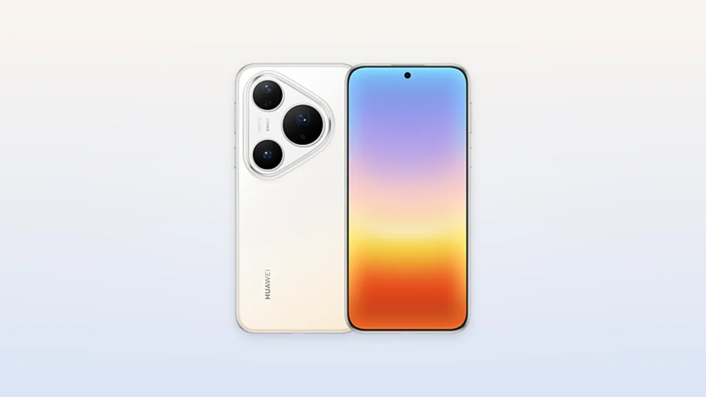 هاتف Huawei Pura 90 Plus باللون الأبيض من الأمام والخلف مع كاميرا خلفية ثلاثية وشاشة بتدرجات لونية.