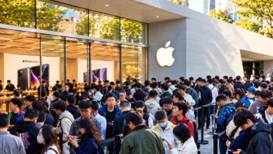 حشود من العملاء أمام متجر أبل خلال إطلاق هاتف iPhone Duo الجديد