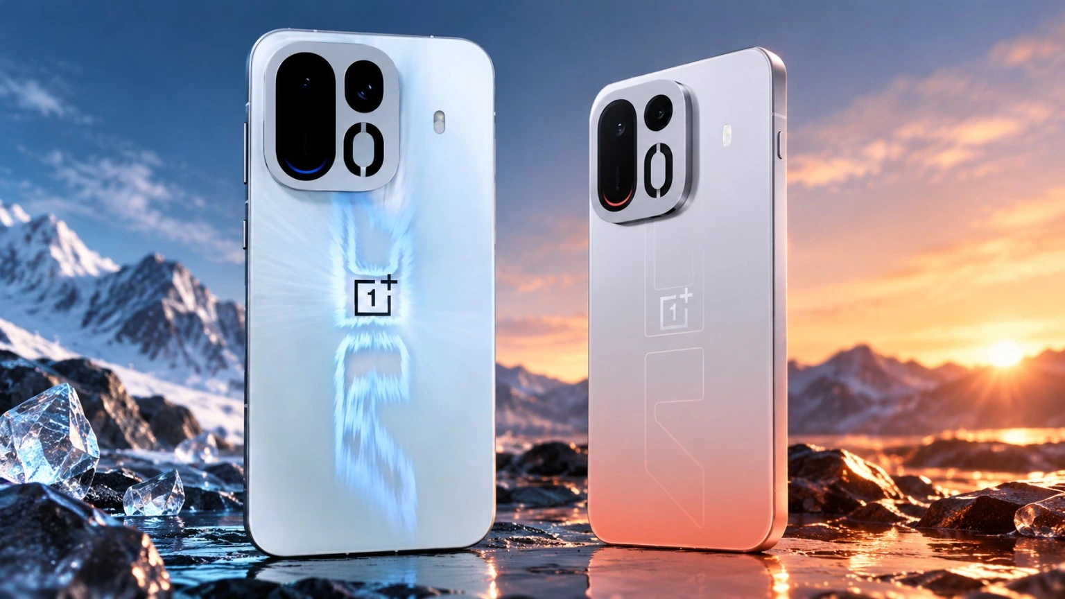 هاتف OnePlus Ace 7 وOnePlus Ace 7 Pro باللونين الأزرق الجليدي والفضي المتدرج، مع تصميم الكاميرات الخلفية والإطار المعدني.