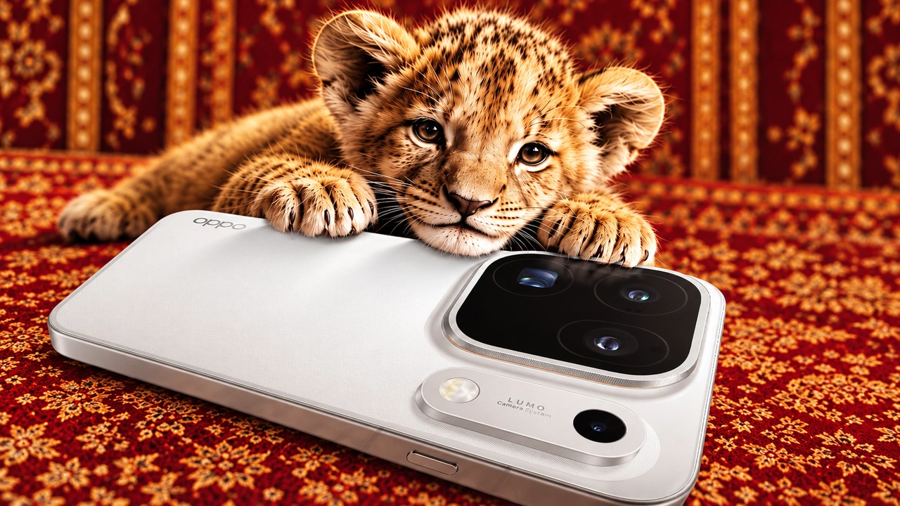 هاتف OPPO Find X10 باللون الأبيض مع تصميم كاميرات LUMO وثلاث عدسات خلفية بجوار شبل أسد