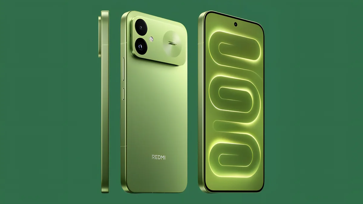 هاتف REDMI K100 باللون الأخضر مع عرض التصميم الخلفي والشاشة ووحدة الكاميرات.