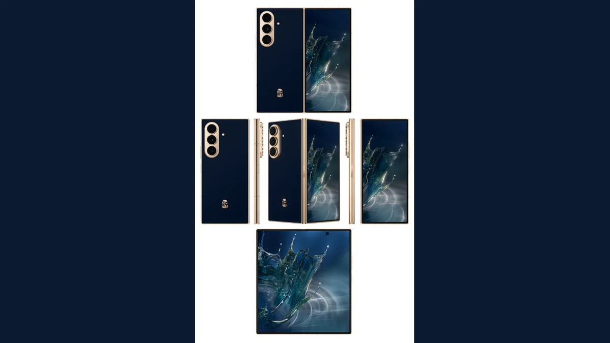 صور Samsung W27 القابل للطي باللون الأزرق الداكن مع إطار ذهبي، من زوايا متعددة.