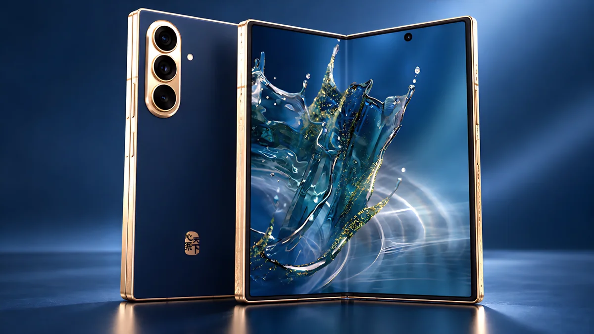 هاتف Samsung W27 القابل للطي باللون الأزرق الداكن وإطار ذهبي.