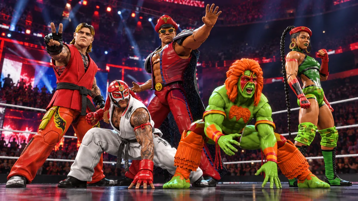 شخصيات WWE 2K26 المستوحاة من Street Fighter في حلبة المصارعة.