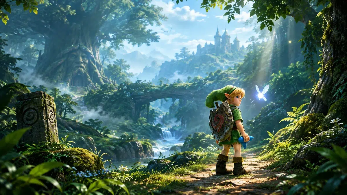 أنسب نص بديل (ALT) للصورة البارزة: مشاهد من لعبة Zelda: Ocarina of Time Remake تظهر لينك في غابة هايرول قبل إطلاقها على Nintendo Switch 2